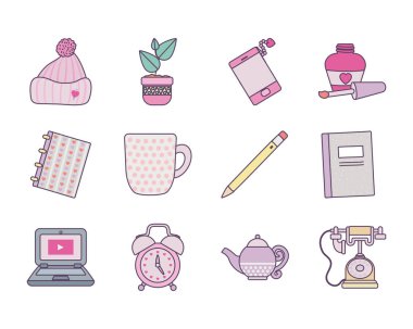 Ayrı şirin nesneler çizgisi ve biçim ikonu vektör dizaynını doldur