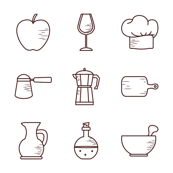 Geïsoleerde kok en keuken lijn stijl pictogram set vector ontwerp — Stockvector