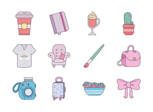 Isolated cute objects line and fill style icon set vector design — 스톡 벡터