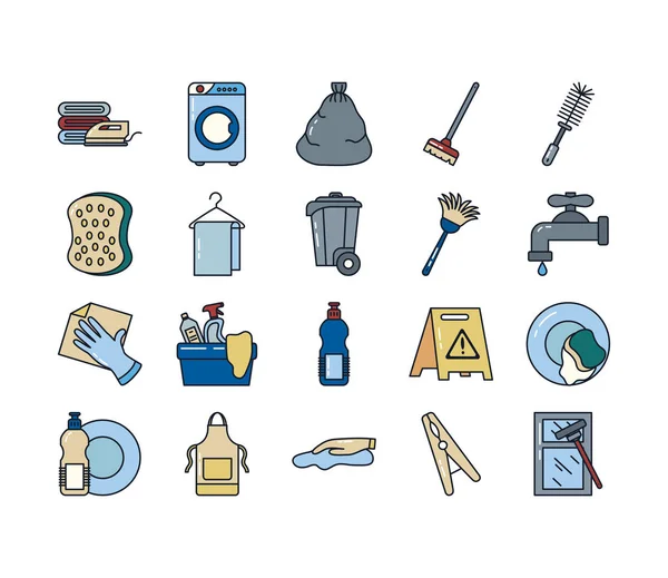 Schoonmaak service lijn en vul stijl pictogram set vector ontwerp — Stockvector