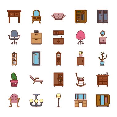 İzole edilmiş ev satırı ve biçim simgesi set vektör tasarımını doldur