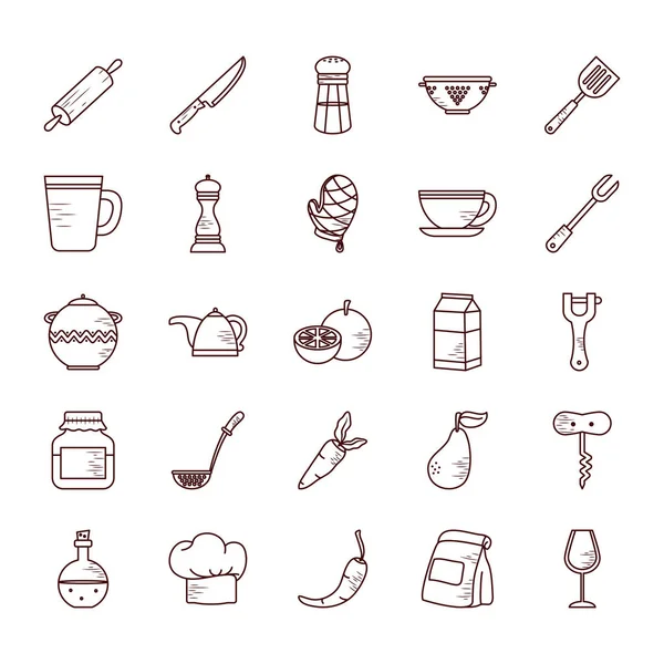 Geïsoleerde kok en keuken lijn stijl pictogram set vector ontwerp — Stockvector