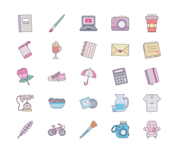 Isolated cute objects line and fill style icon set vector design — 스톡 벡터