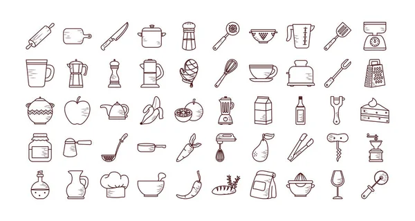 Geïsoleerde kok en keuken lijn stijl pictogram set vector ontwerp — Stockvector