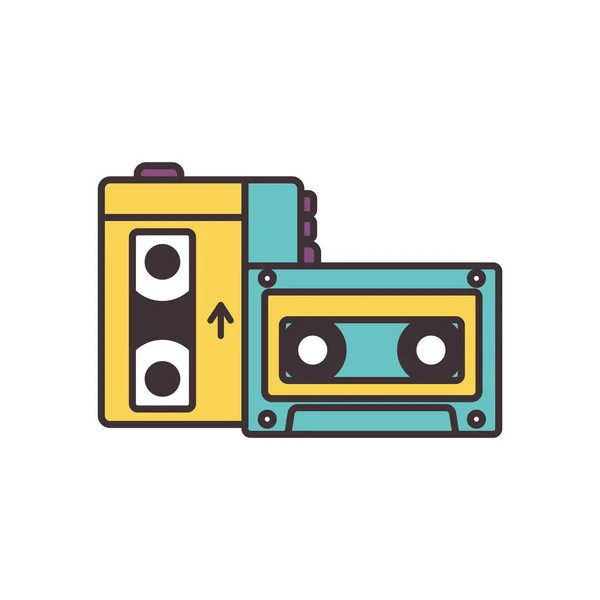 Isolated retro music cassette and walkman line fill style icon vector design — Stock Vector
