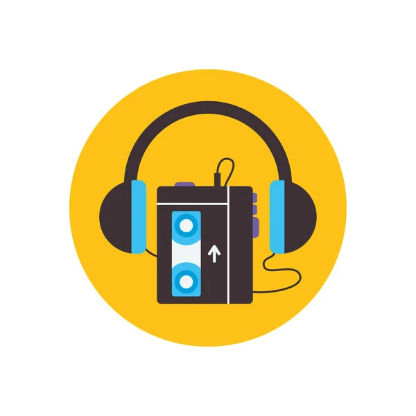Изолированная ретро музыка Walkman и наушники плоский блок стиль иконки векторный дизайн — стоковый вектор