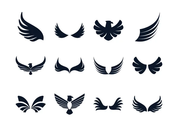 Asas isoladas e águias design de vetor conjunto de ícones estilo silhueta — Vetor de Stock