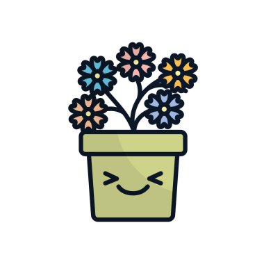 Tencere içinde izole kawaii çiçekleri düz doldurma biçimi ikon vektör tasarımı