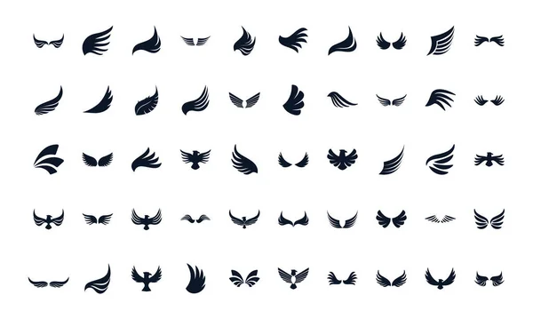 Asas isoladas e águias design de vetor conjunto de ícones estilo silhueta — Vetor de Stock