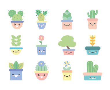 Tencerelerin içinde izole kawaii bitkileri düz biçim ikon vektör tasarımı