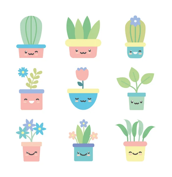 Plantas aisladas kawaii dentro de macetas estilo plano icono conjunto vector diseño — Vector de stock