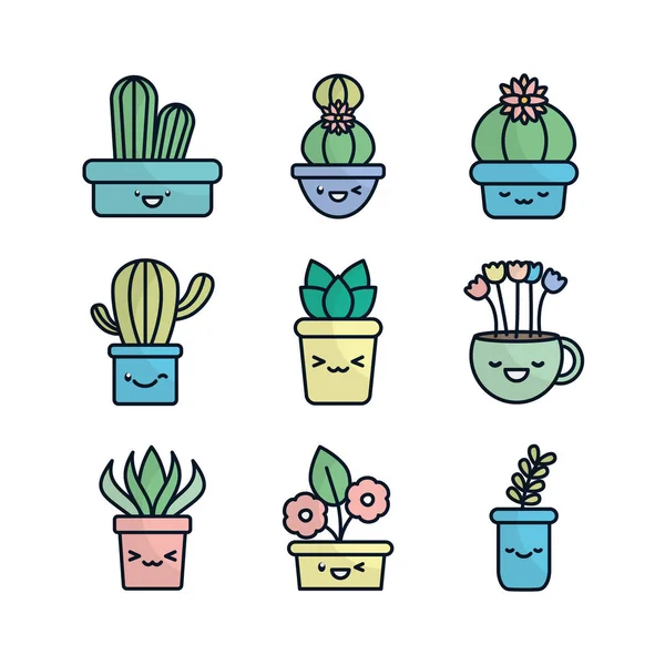 Geïsoleerde kawaii planten in potten platte vulling stijl pictogram set vector ontwerp — Stockvector