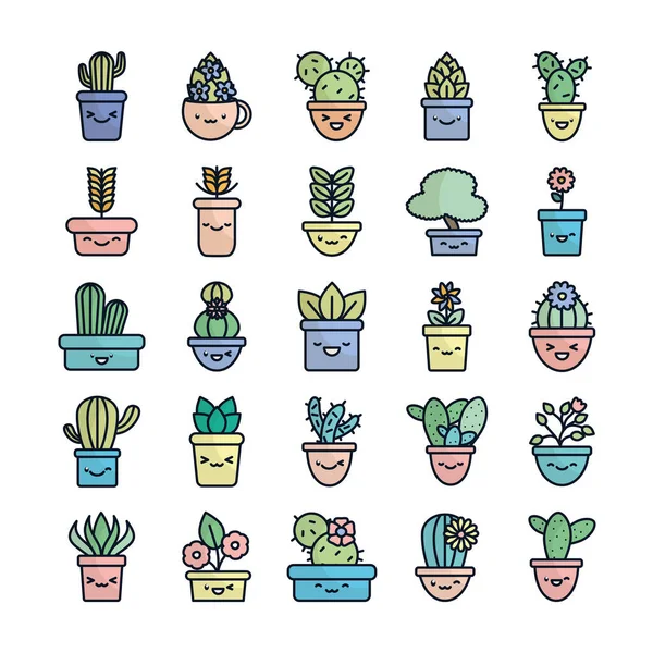 Plantas aisladas kawaii dentro de macetas estilo de relleno plano icono conjunto vector diseño — Vector de stock