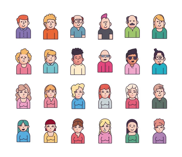 Las personas aisladas avatares llenar el icono de estilo conjunto de vectores de diseño — Vector de stock