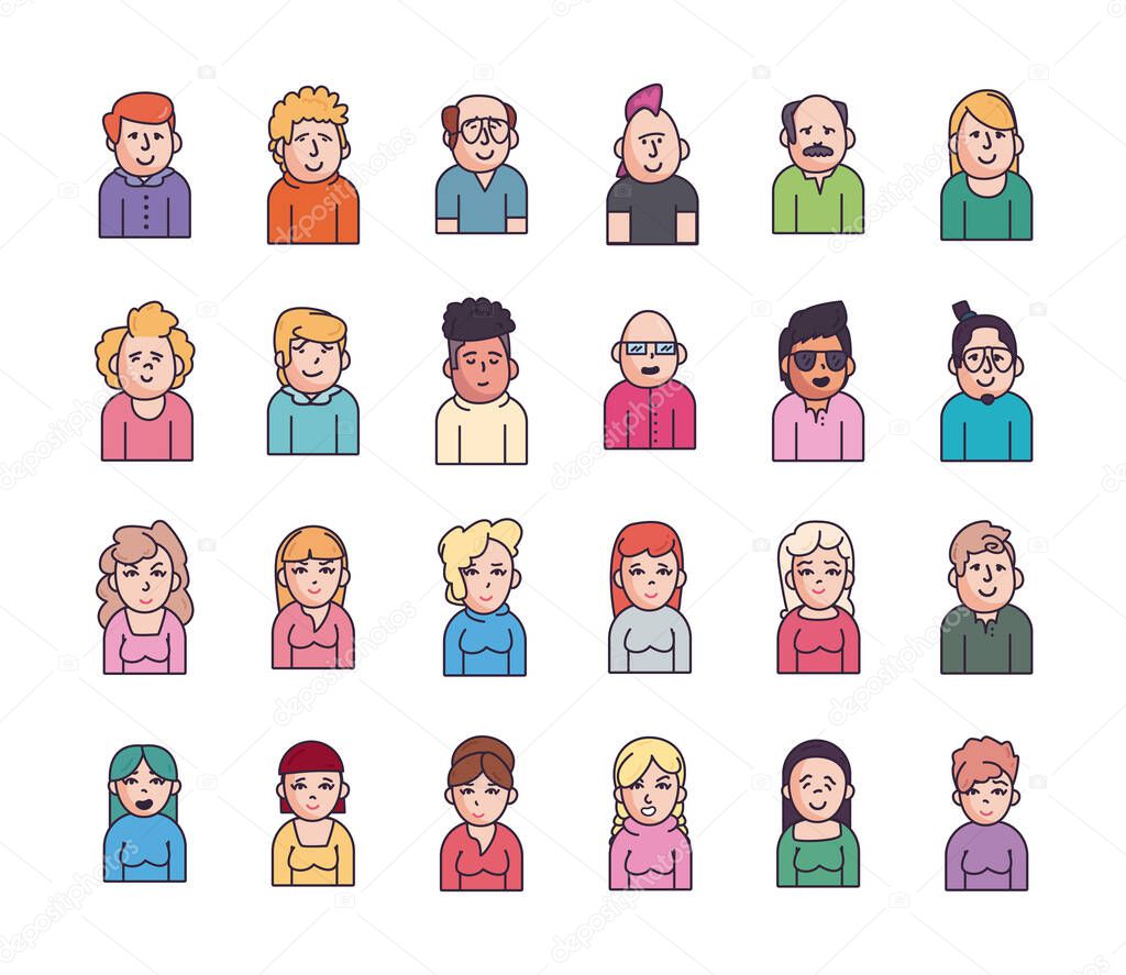 Isolated people avatars fill style icon set vector design