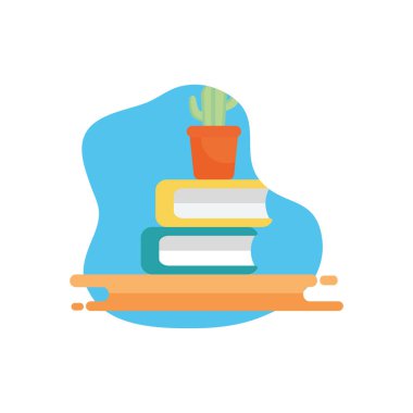 cactus over school books flat block style icon vector design
