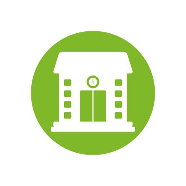 school building with clock silhouette block style icon vector design