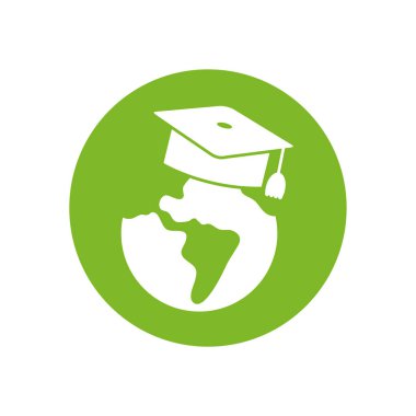 graduation cap over world silhouette block style icon vector design