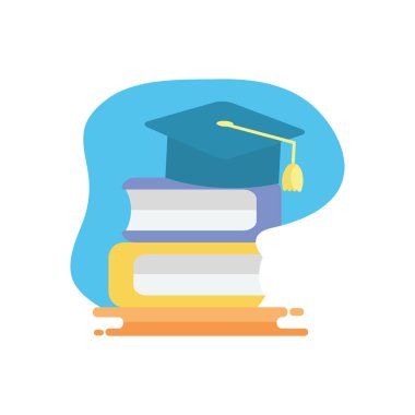 graduation cap over books flat block style icon vector design
