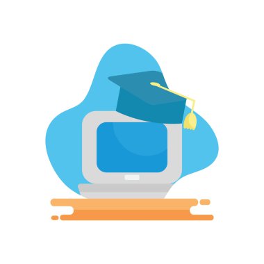 graduation cap over computer flat block style icon vector design