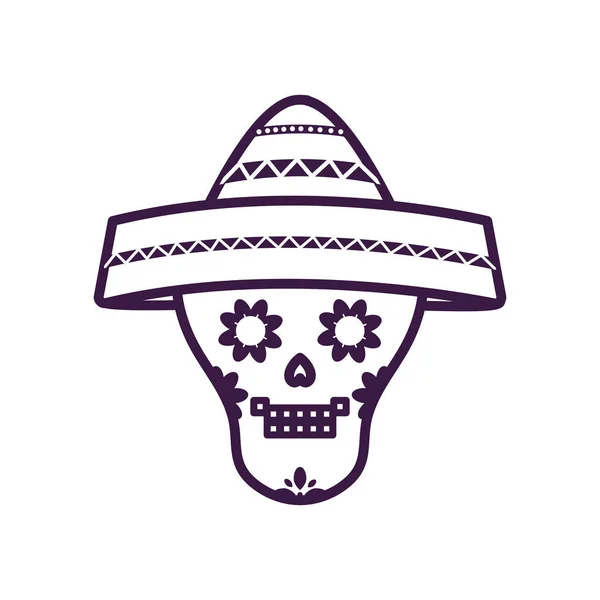 Mexikansk skalle med hatt linje stil ikon vektor design — Stock vektor