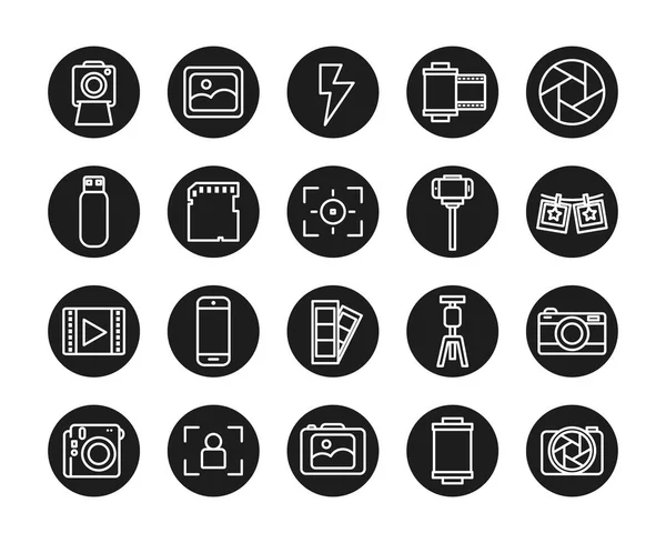 Photography line block style icon set vector design — 图库矢量图片