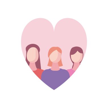 women avatars inside heart fill style icon vector design