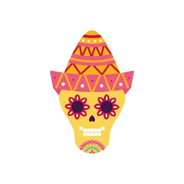 メキシコの頭蓋骨と帽子のフラットスタイルのアイコンベクトルデザイン — ストックベクタ
