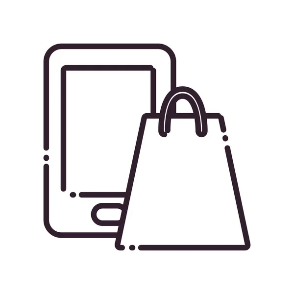 Bolsa de compras y teléfono inteligente línea estilo icono diseño de vectores — Vector de stock