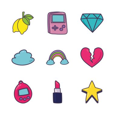 Isolated 90s and retro line and fill style icon set vector design
