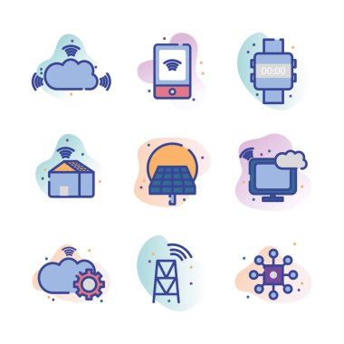 Technology and internet line fill block style icon set vector design