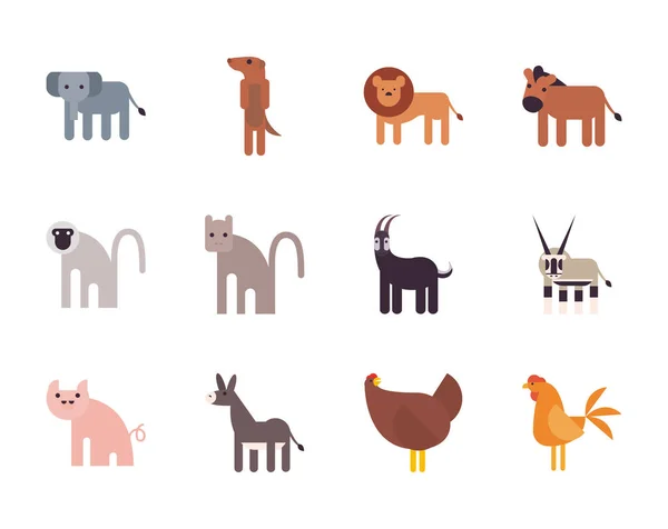 Cute animals cartoons fill style icon set vector design — 스톡 벡터