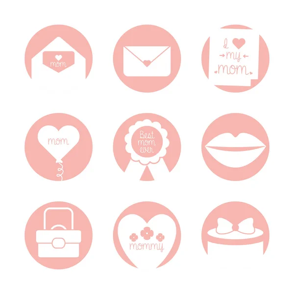 Happy mothers day silhouette style icon set vector design — Stok Vektör