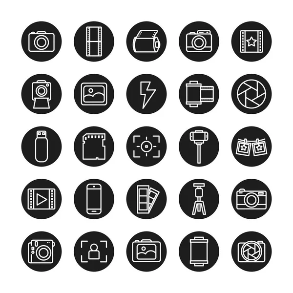 Photography line block style icon set vector design — 스톡 벡터