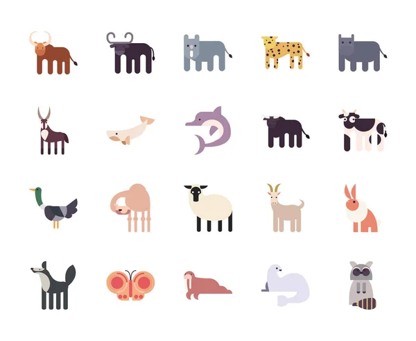Cute animals cartoons fill style icon set vector design — Stockový vektor