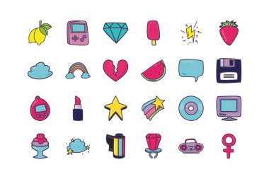 Isolated 90s and retro line and fill style icon set vector design