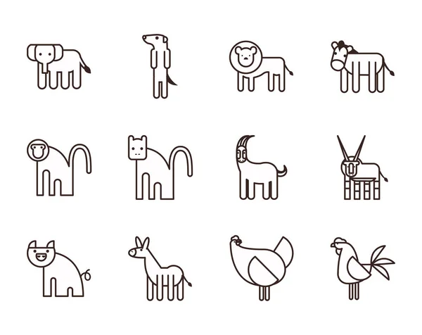 Animales lindos dibujos animados línea estilo icono conjunto vector diseño — Vector de stock