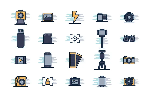 Photography line fill block style icon set vector design — 图库矢量图片