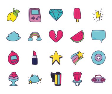 Isolated 90s and retro line and fill style icon set vector design