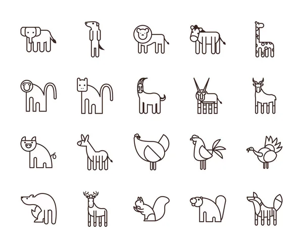 Carino animali cartoni animati linea stile icona set disegno vettoriale — Vettoriale Stock