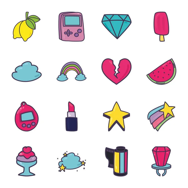 Isolated 90s and retro line and fill style icon set vector design — Stok Vektör