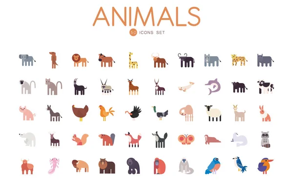 50 animales lindos dibujos animados llenar el icono de estilo conjunto de diseño de vectores — Vector de stock