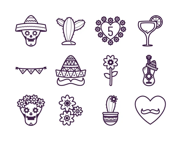 Mexicano linha estilo ícone conjunto vetor design — Vetor de Stock