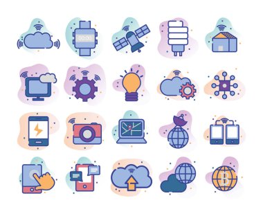 Technology and internet line fill block style icon set vector design
