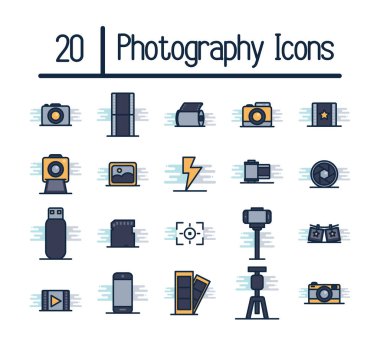20 photography line fill block style icon set vector design