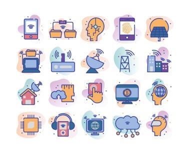 Technology and internet line fill block style icon set vector design