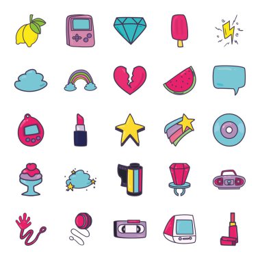 Isolated 90s and retro line and fill style icon set vector design
