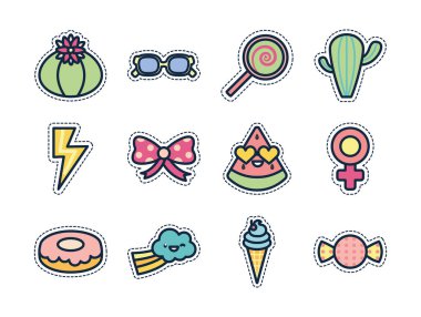 Cute elements line fill style icon set vector design