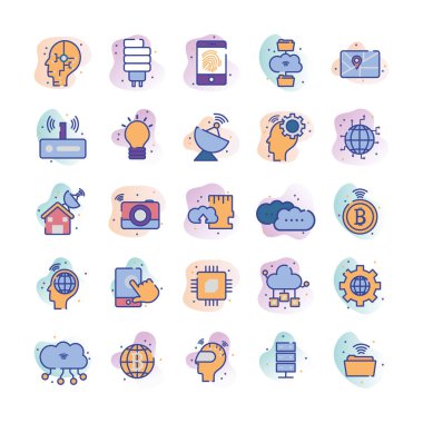 Technology and internet line fill block style icon set vector design