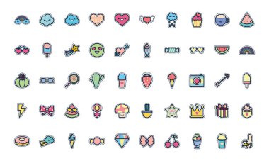 Cute elements line fill style icon set vector design